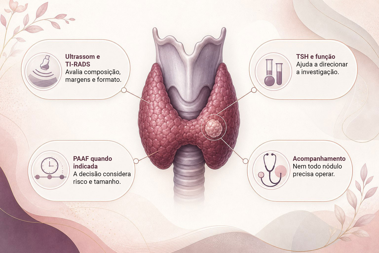 Infográfico sobre a avaliação do nódulo de tireoide: ultrassom, TSH, PAAF e acompanhamento