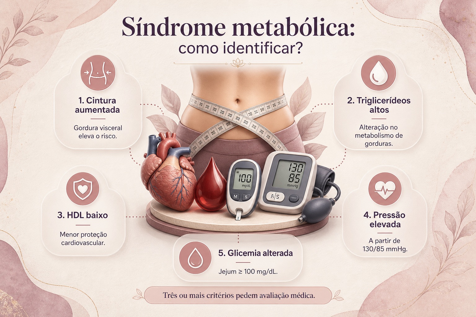 Infográfico sobre síndrome metabólica e critérios de identificação