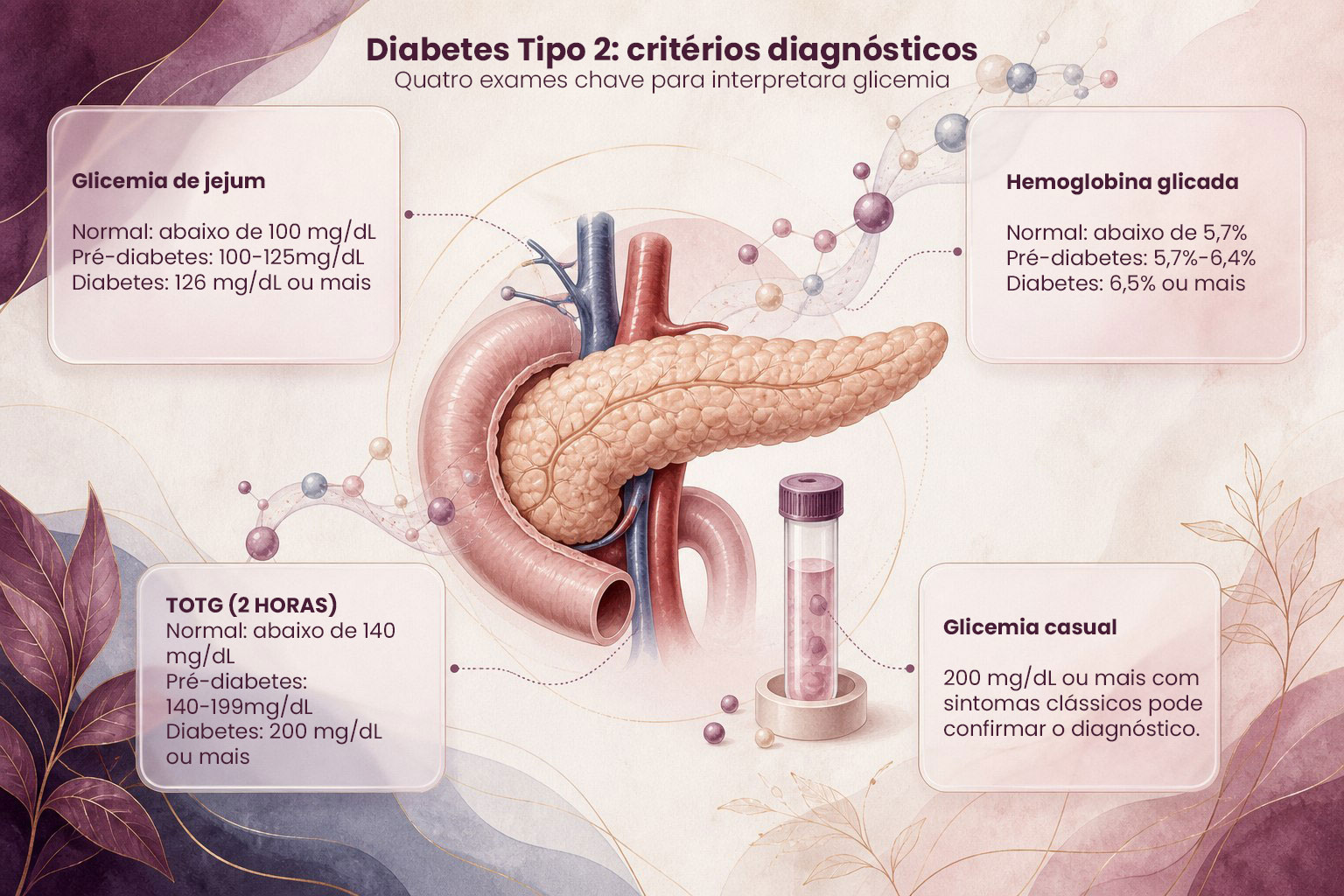 Infográfico com os principais critérios laboratoriais para diagnóstico do diabetes tipo 2